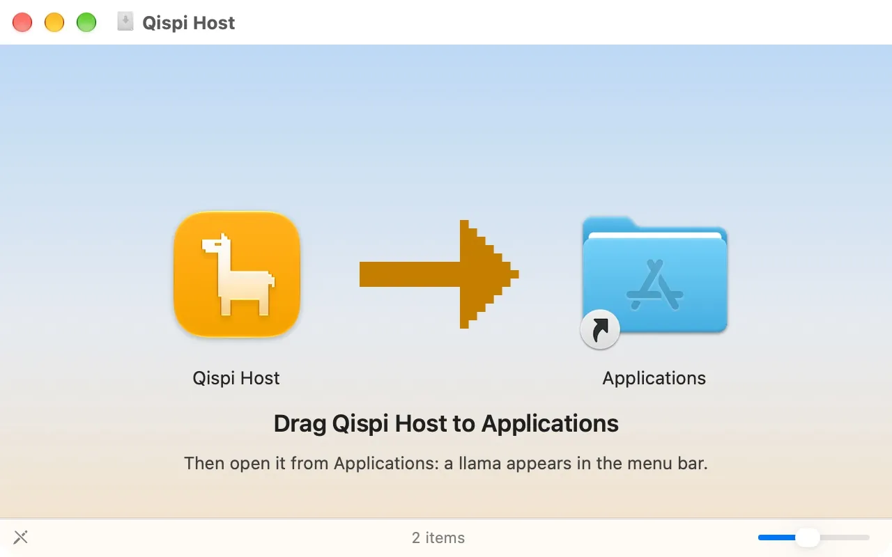 The window Qispi-Host.dmg opens: Qispi Host, an arrow, and the Applications folder